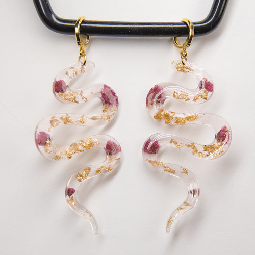 Floral and Gold Flake Snake Earrings